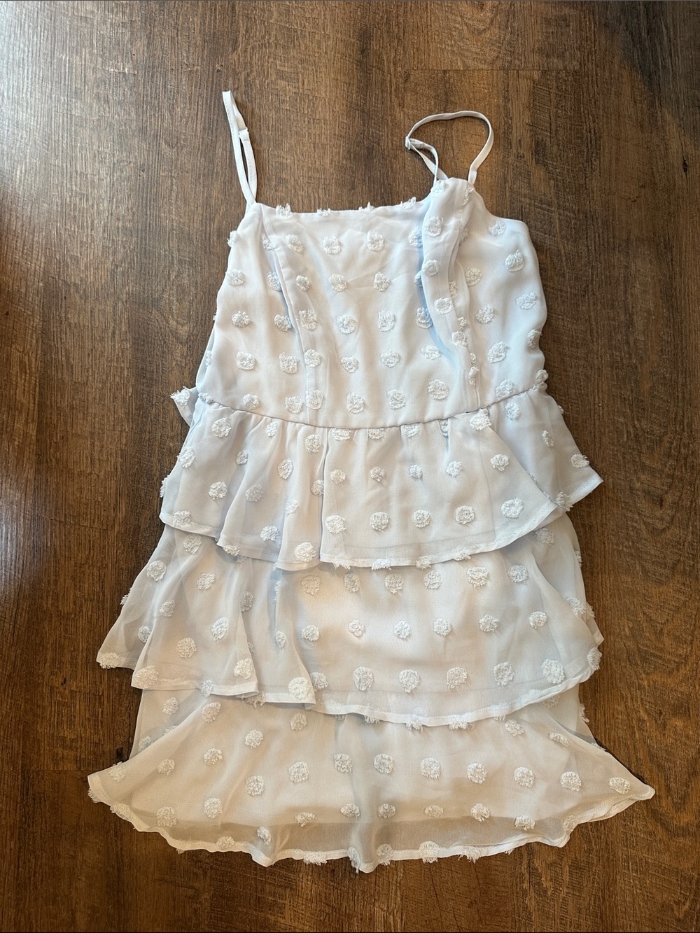 Light Blue Tiered Spaghetti Strap Dress with Polka Dot Embroidery